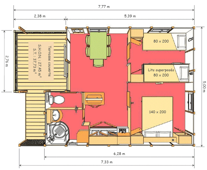 Plan chalet 4, 5 personnes, 2 chambres