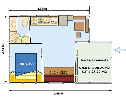 Plan chalet 1 chambre, terrasse